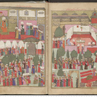 The Safavid Shah Muhammad Khudabanda’s Gifts Displayed at the Ottoman Court in 1582. From Lokman, Şehinşehnāme, vol. II, Istanbul, 1592-7. Topkapı Palace Museum Library, B. 200, fols. 36b-37a.